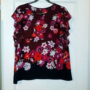 Ann Taylor Factory Burgandy Floral Flutter Sleeve Blouse Med